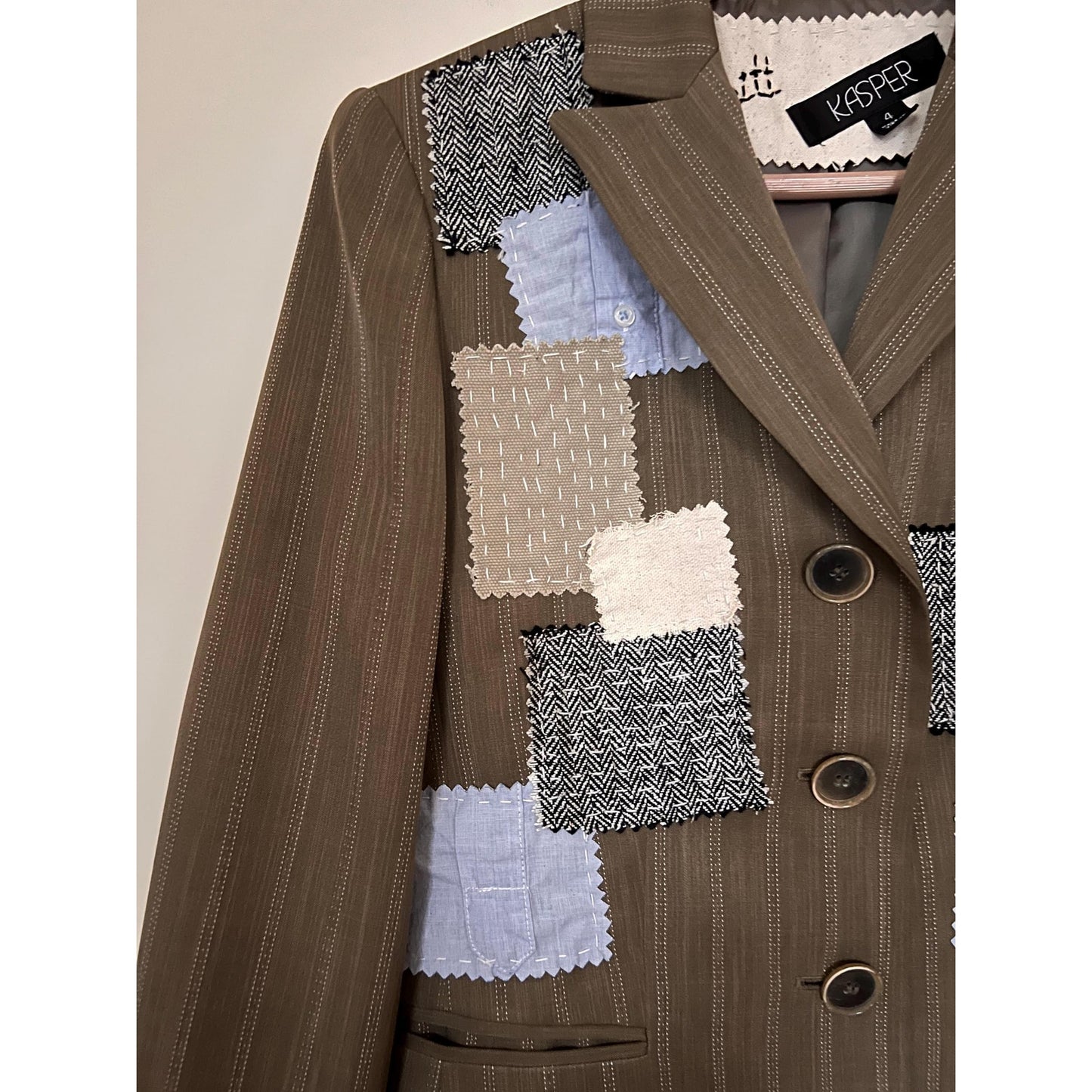 Up-cycled Sashiko & Boro Style Green Brown Stripe Blazer Size 4