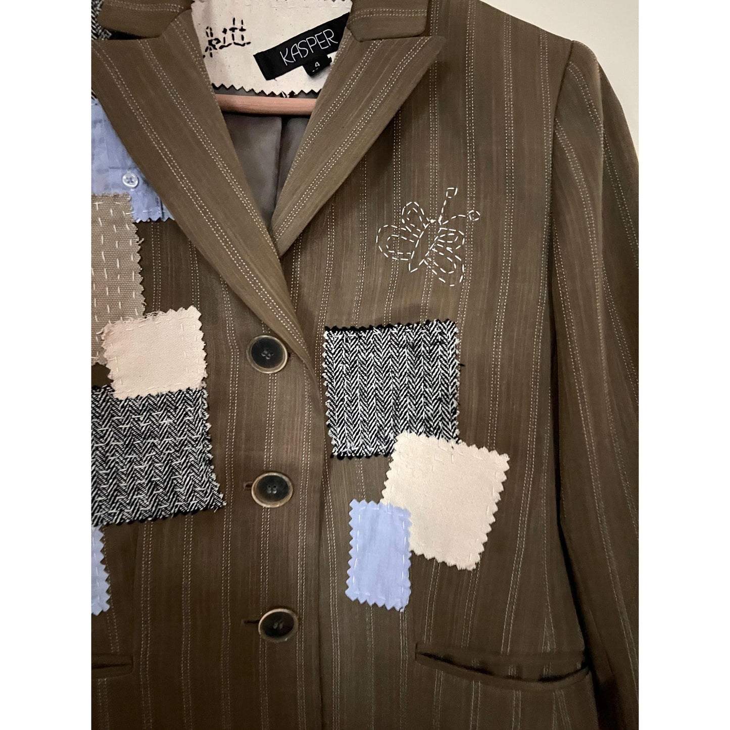 Up-cycled Sashiko & Boro Style Green Brown Stripe Blazer Size 4