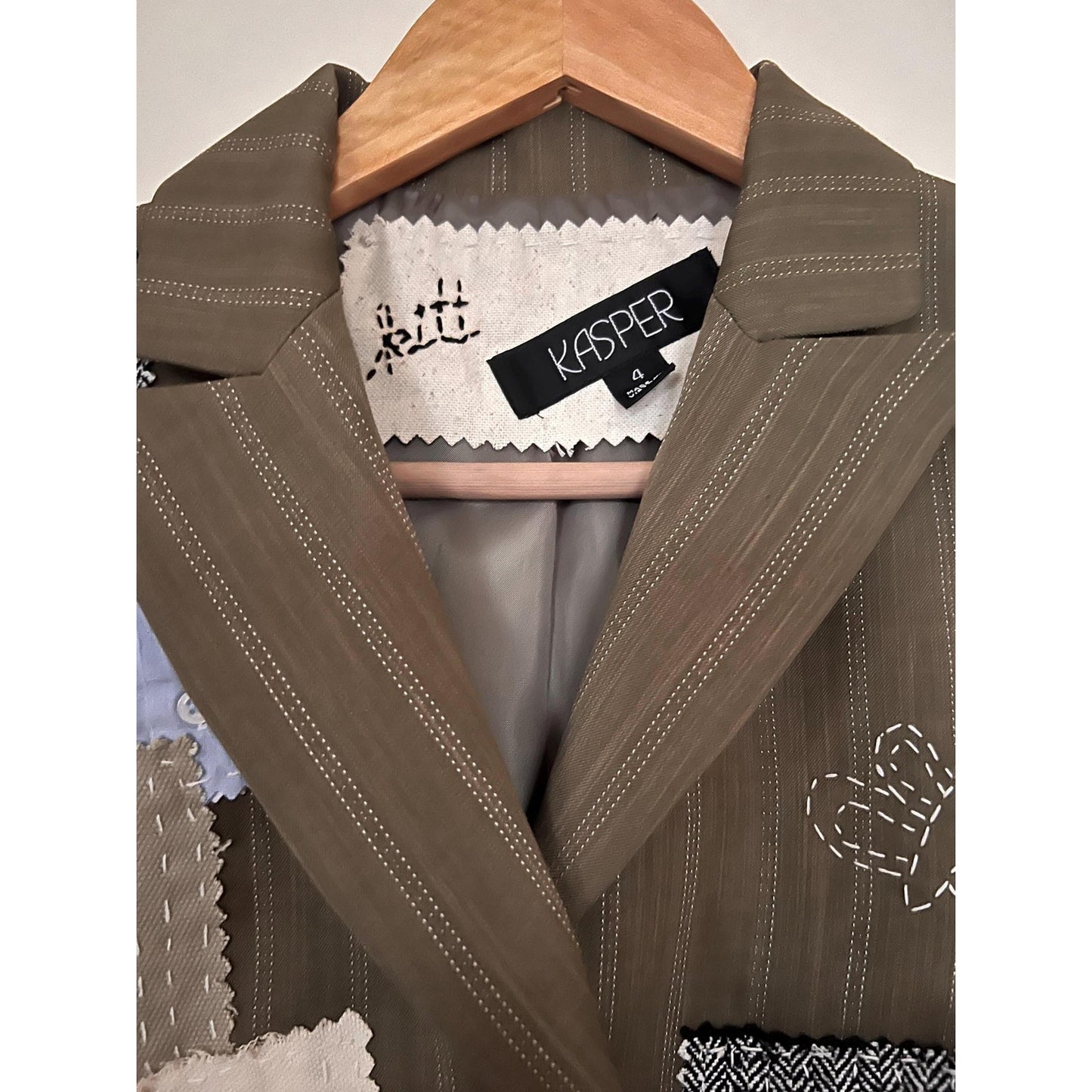 Up-cycled Sashiko & Boro Style Green Brown Stripe Blazer Size 4