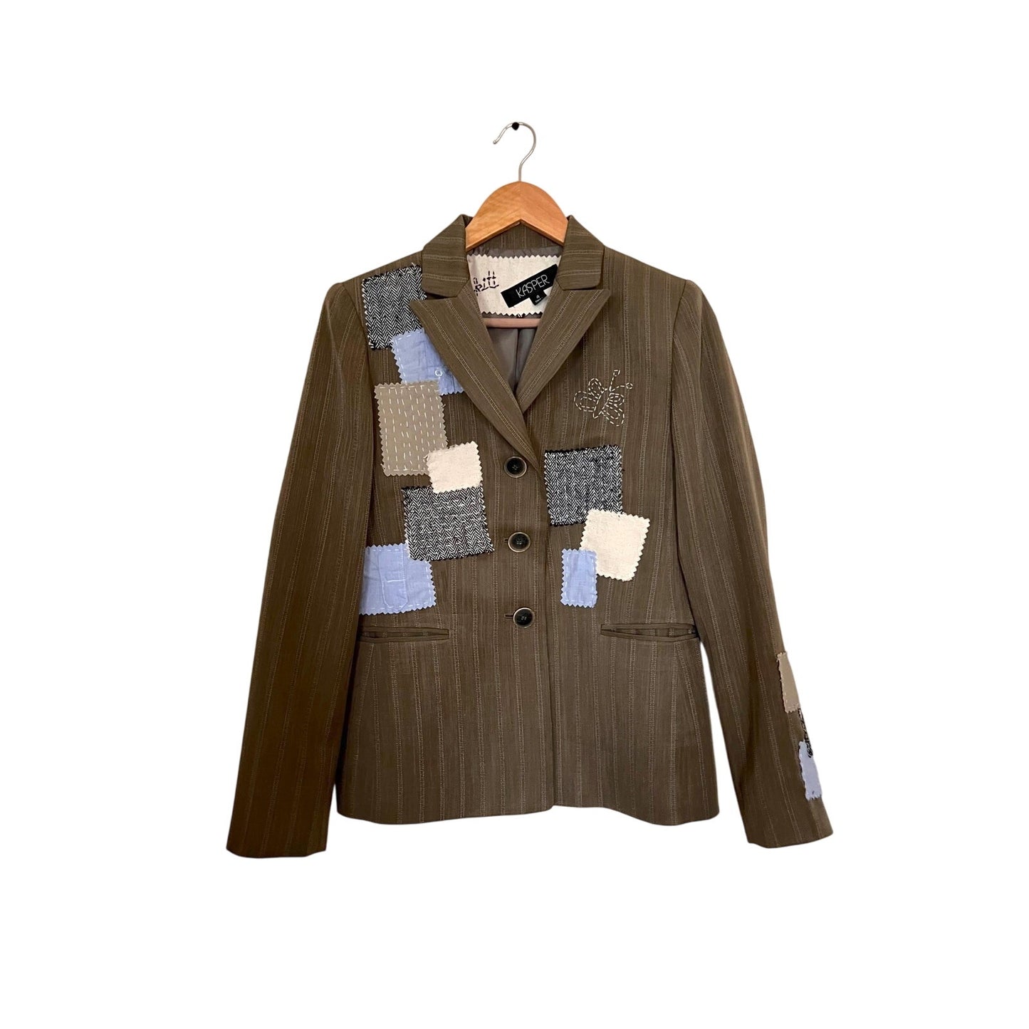 Up-cycled Sashiko & Boro Style Green Brown Stripe Blazer Size 4
